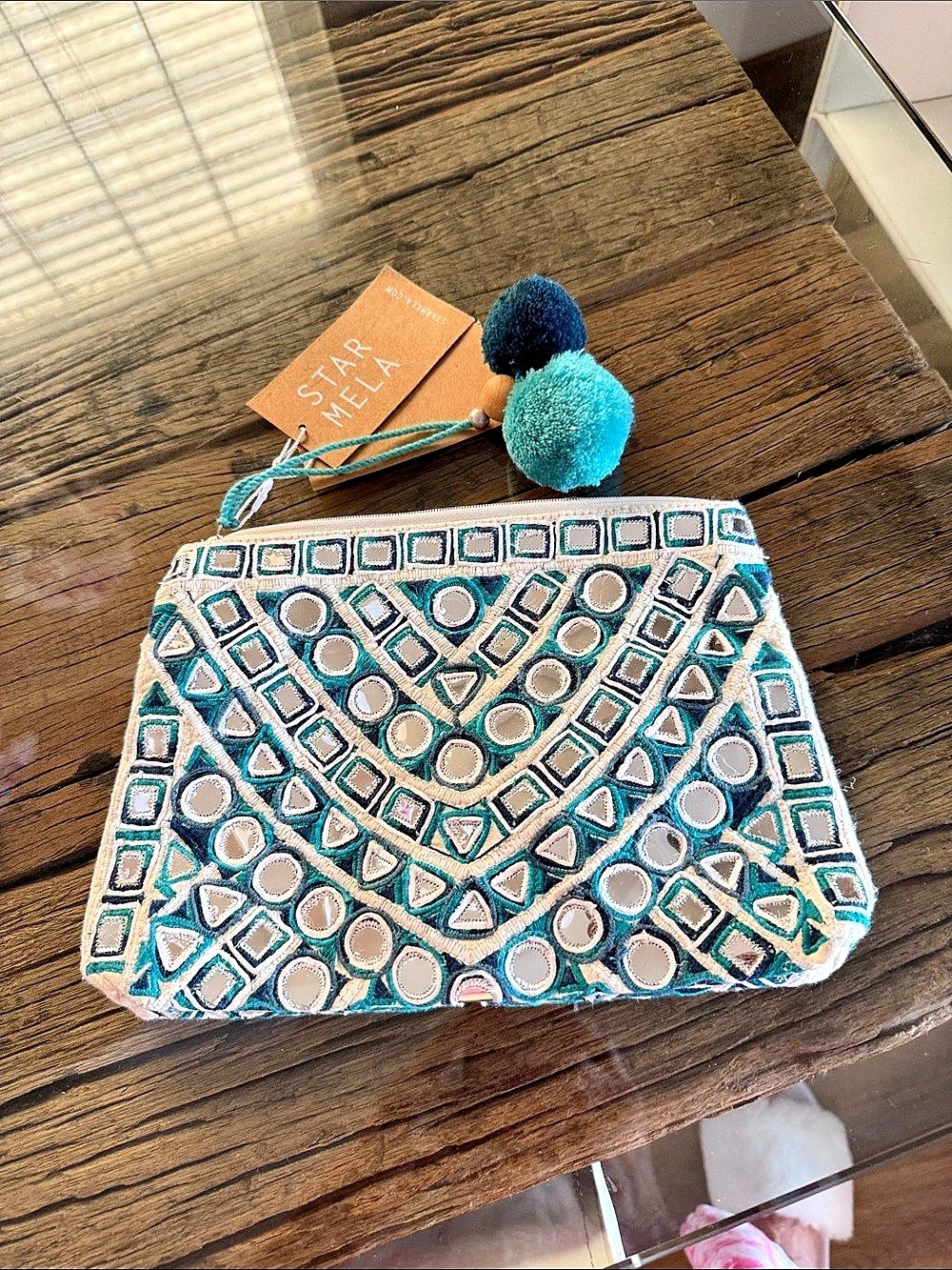 Star Mela Geometric Embroidered Pouch in Blue & White